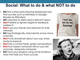Digital Storytelling: Content Production &DistributionWho voicesyour social sites? Outreach:Identify newPotential partnersAcross many media Outlets & ChannelsWhat is your story?Who is telling it?With what voice?Find your peeps through hashtags and Twellow