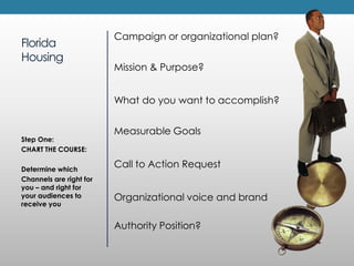 FloridaHousing<br />Campaignor organizational plan?<br />Mission & Purpose?<br />What do you want to accomplish?<br />Meas...