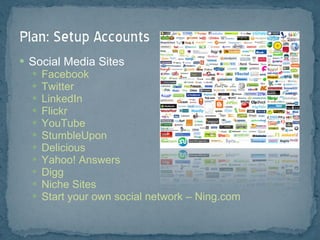Social Media Sites Facebook Twitter LinkedIn Flickr YouTube StumbleUpon Delicious Yahoo! Answers Digg Niche Sites Start your own social network – Ning.com 