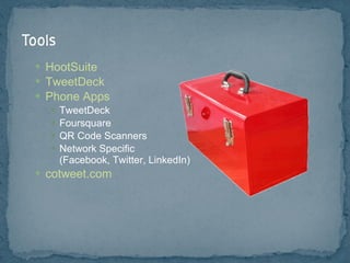 HootSuite TweetDeck Phone Apps TweetDeck Foursquare QR Code Scanners Network Specific  (Facebook, Twitter, LinkedIn) cotweet.com 