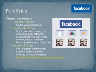 Create a presence Personal Profile No Commercial Activity Facebook Group  For a quick discussion, or attracting quick attention Main benefit: you can direct message your members Not indexed by search engines  Facebook Page For long term relationships Multiple admins allowed Indexed by search engines http://www.facebook.com/pages/create.php 