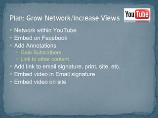 Network within YouTube Embed on Facebook Add Annotations Gain Subscribers Link to other content Add link to email signature, print, site, etc. Embed video in Email signature Embed video on site 
