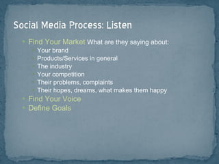 Find Your Market  What are they saying about: Your brand Products/Services in general The industry Your competition Their problems, complaints Their hopes, dreams, what makes them happy Find Your Voice Define Goals 