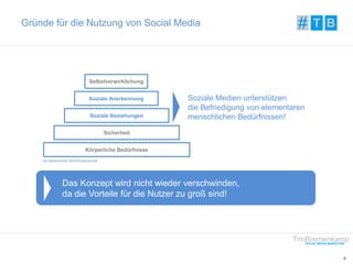 4 
Gründe für die Nutzung von Social Media 
Die Maslow'sche Bedürfnispyramide 
Soziale Medien unterstützen 
die Befriedigung von elementaren 
menschlichen Bedürfnissen! 
Selbstverwirklichung 
Soziale Anerkennung 
Soziale Beziehungen 
Sicherheit 
Körperliche Bedürfnisse 
Das Konzept wird nicht wieder verschwinden, 
da die Vorteile für die Nutzer zu groß sind! 
 