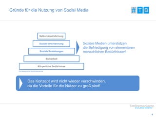 4 
Gründe für die Nutzung von Social Media 
Die Maslow'sche Bedürfnispyramide 
Soziale Medien unterstützen 
die Befriedigu...