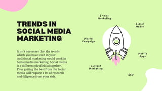 TRENDS IN
SOCIAL MEDIA
MARKETING
It isn't necessary that the trends
which you have used in your
traditional marketing would work in
Social media marketing. Social media
is a different playfield altogether,
Thus getting the best from the Social
media will require a lot of research
and diligence from your side.
Social
Media
E-mail
Marketing
Digital
Campaign
Content
Marketing
SEO
Mobile
Apps
 