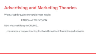 Advertising and Marketing Theories
We market through commercial mass media:
RADIO and TELEVISION
Now we are shifting to ONLINE...
consumers are now expecting trustworthy online information and answers
 