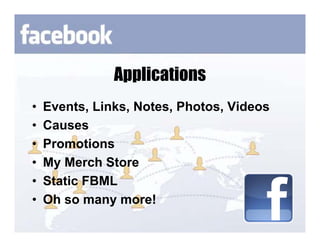 Applications
•   Events, Links, Notes, Photos, Videos
•   Causes
•   Promotions
•   My Merch Store
•   Static FBML
•   Oh so many more!
 