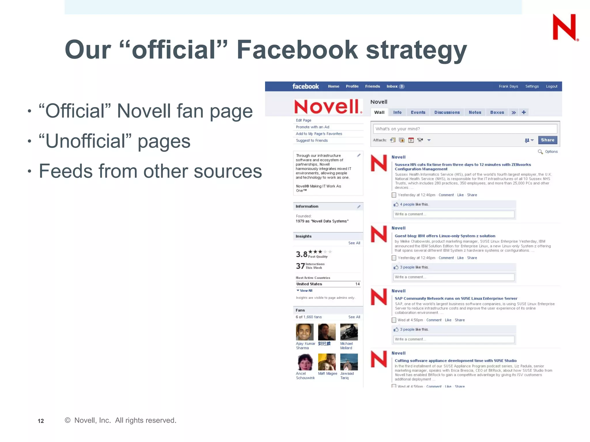 Our “official” Facebook strategy

•   “Official” Novell fan page
•   “Unofficial” pages
•   Feeds from other sources




    12   © Novell, Inc. All rights reserved.
 