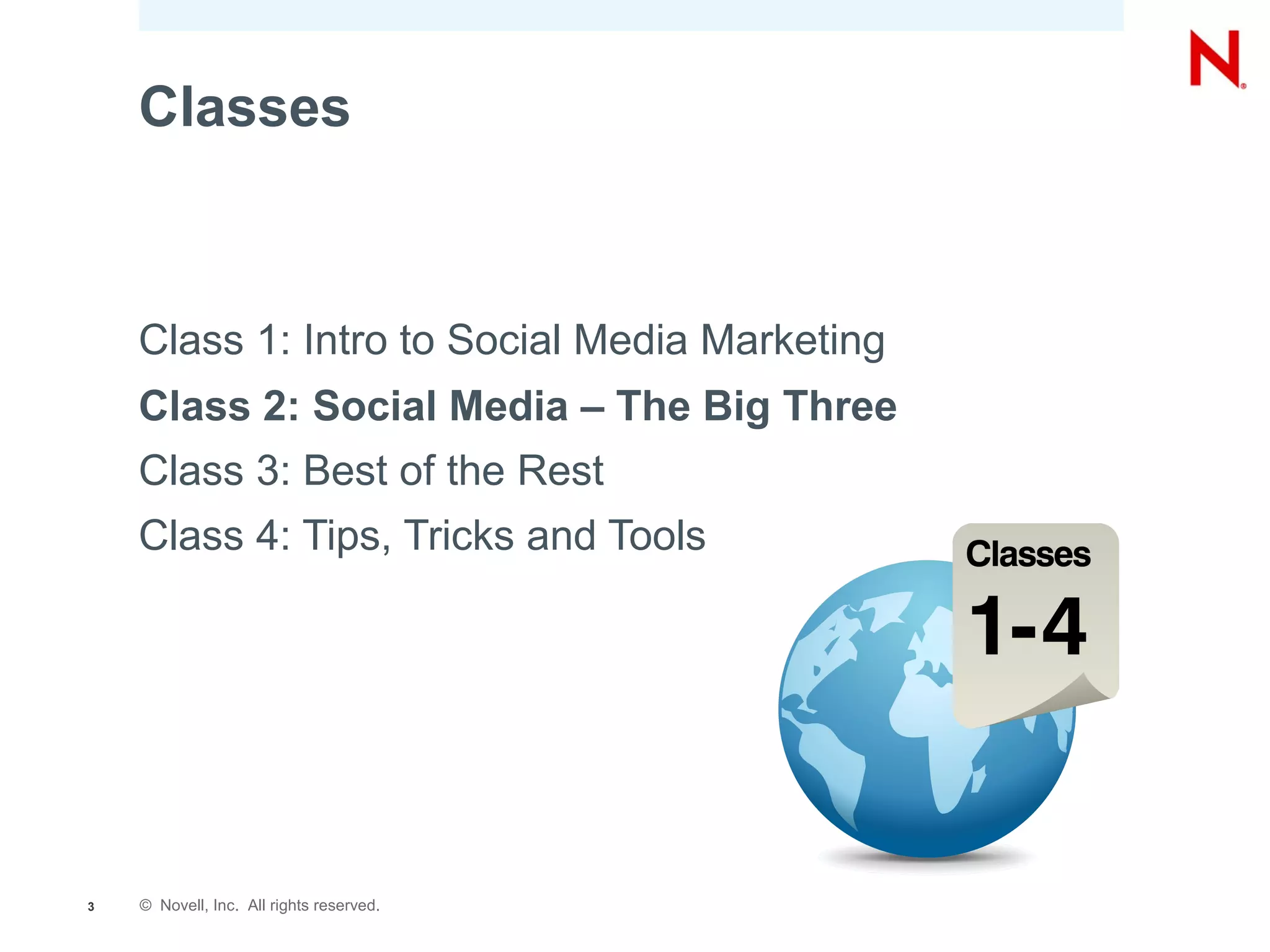Classes



    Class 1: Intro to Social Media Marketing
    Class 2: Social Media – The Big Three
    Class 3: Best of the Rest
    Class 4: Tips, Tricks and Tools




3   © Novell, Inc. All rights reserved.
 