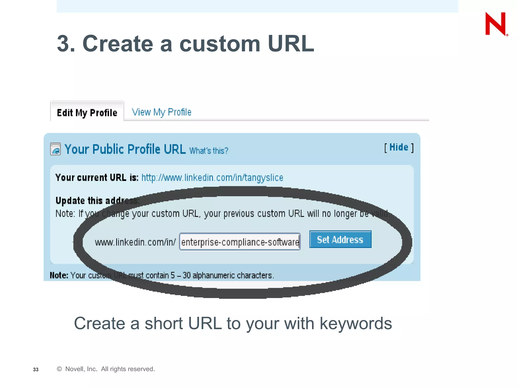 3. Create a custom URL




          Create a short URL to your with keywords

33   © Novell, Inc. All rights reserved.
 