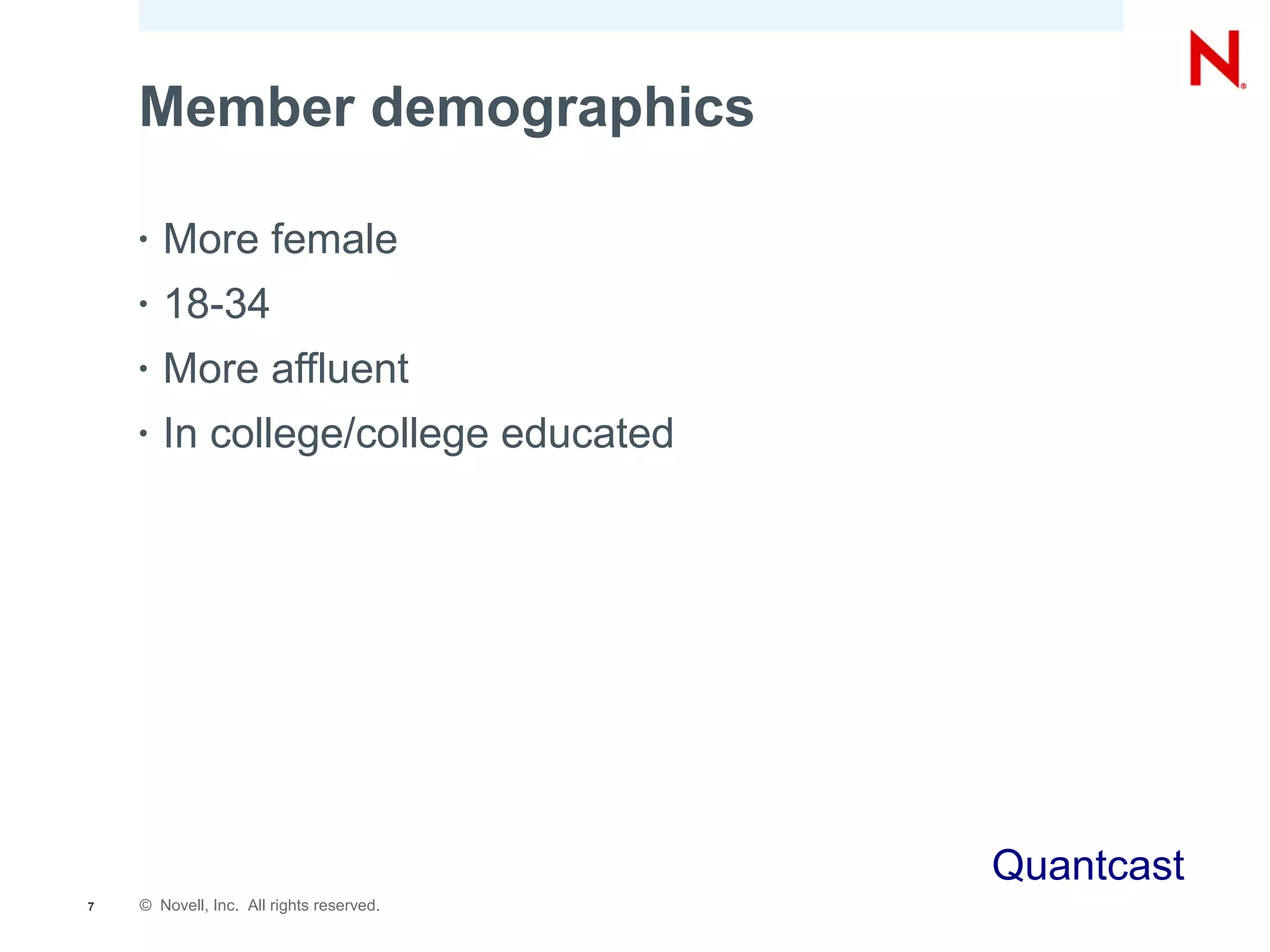 Member demographics

    •   More female
    •   18-34
    •   More affluent
    •   In college/college educated




                                          Quantcast
7   © Novell, Inc. All rights reserved.
 