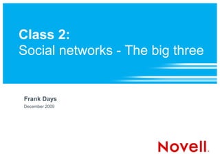 Class 2:
Social networks - The big three


Frank Days
December 2009
 