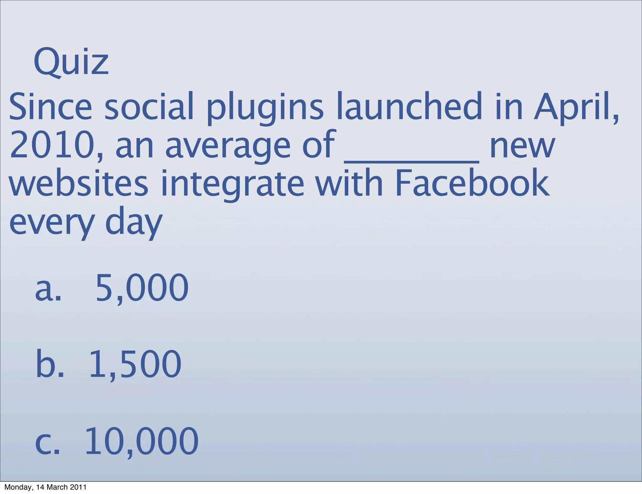 Quiz
Since social plugins launched in April,
2010, an average of ________ new
websites integrate with Facebook
every day
       a. 5,000

       b. 1,500

       c. 10,000
Monday, 14 March 2011
 