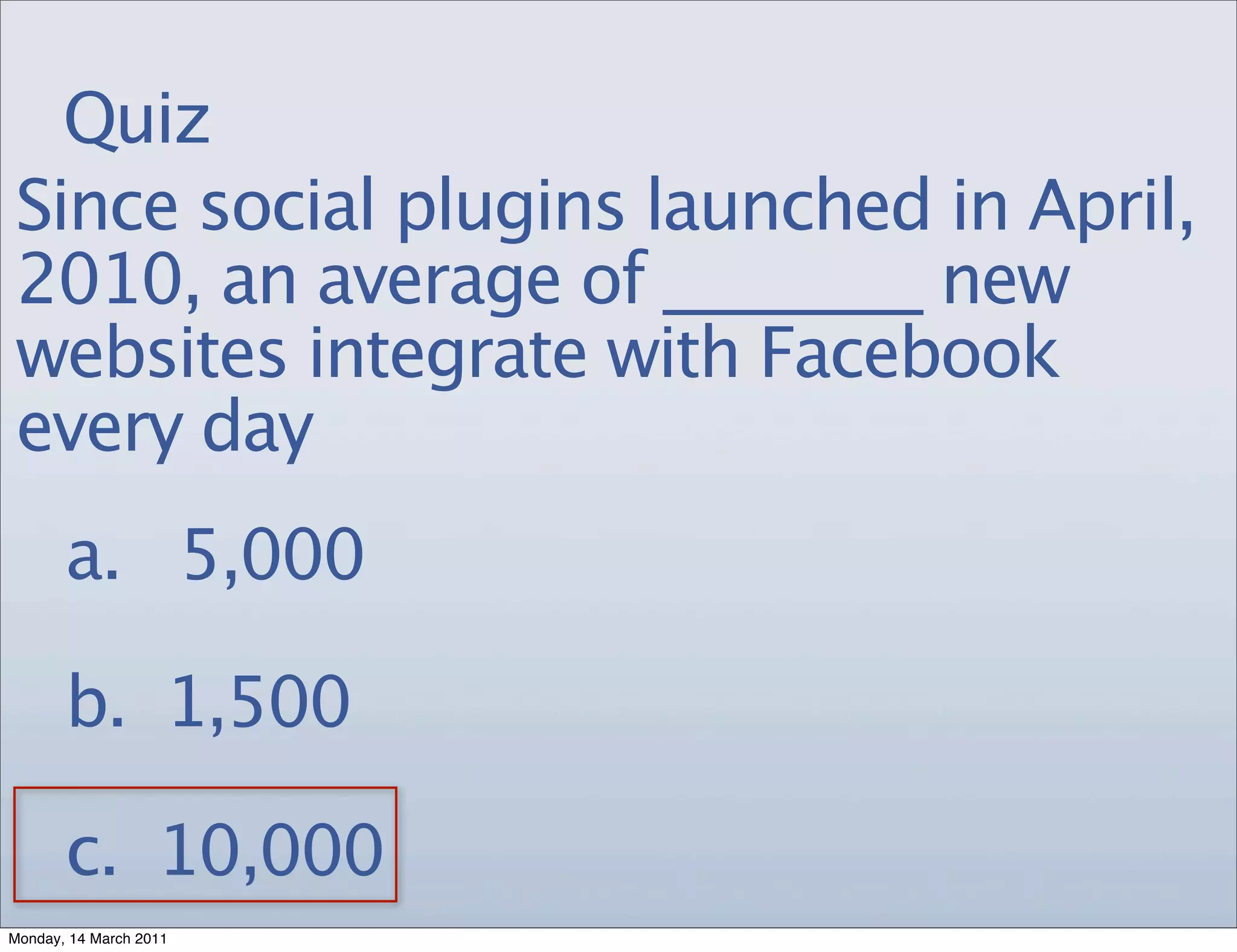 Quiz
Since social plugins launched in April,
2010, an average of ________ new
websites integrate with Facebook
every day
       a. 5,000

       b. 1,500

       c. 10,000
Monday, 14 March 2011
 