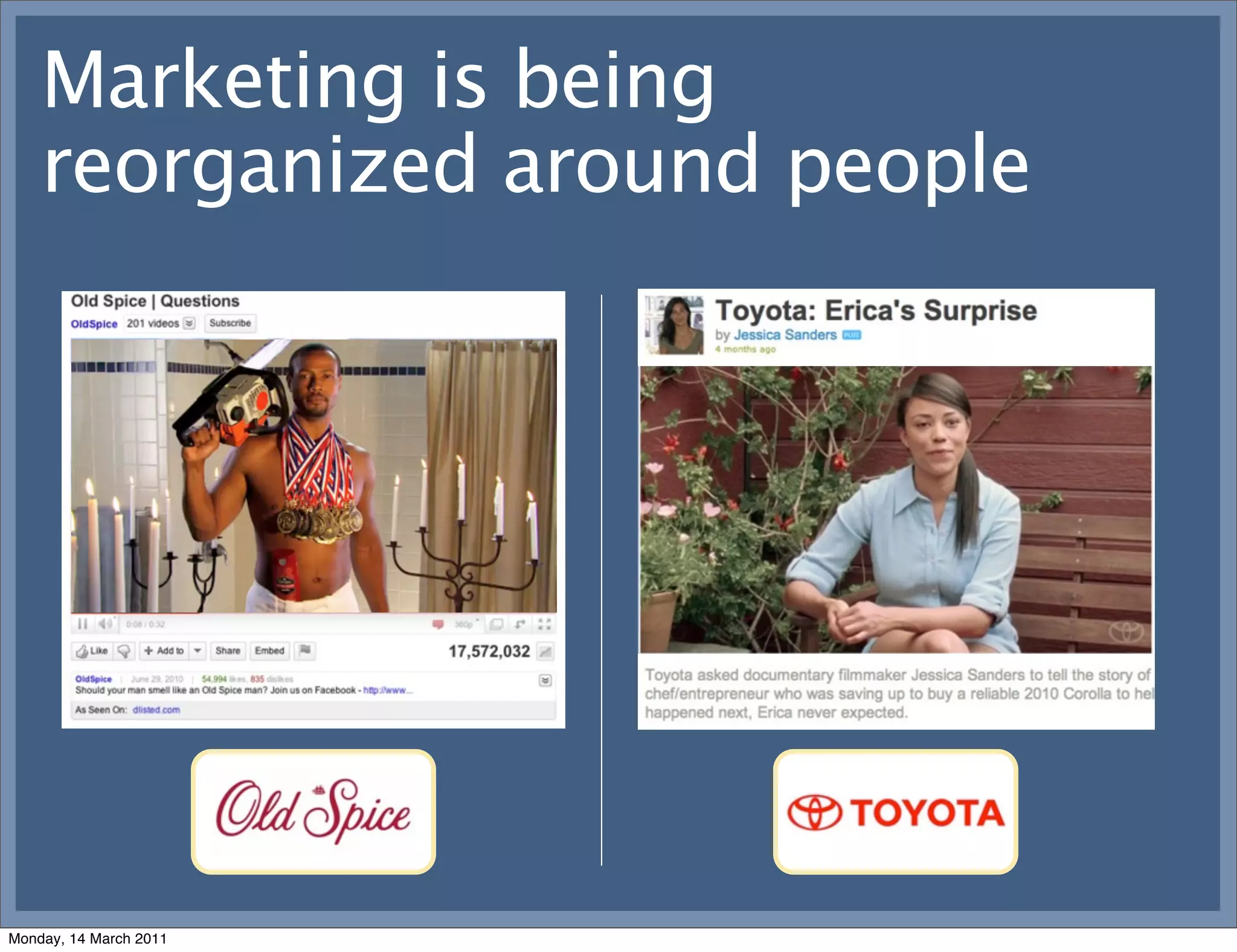 Marketing is being
    reorganized around people




Monday, 14 March 2011
 