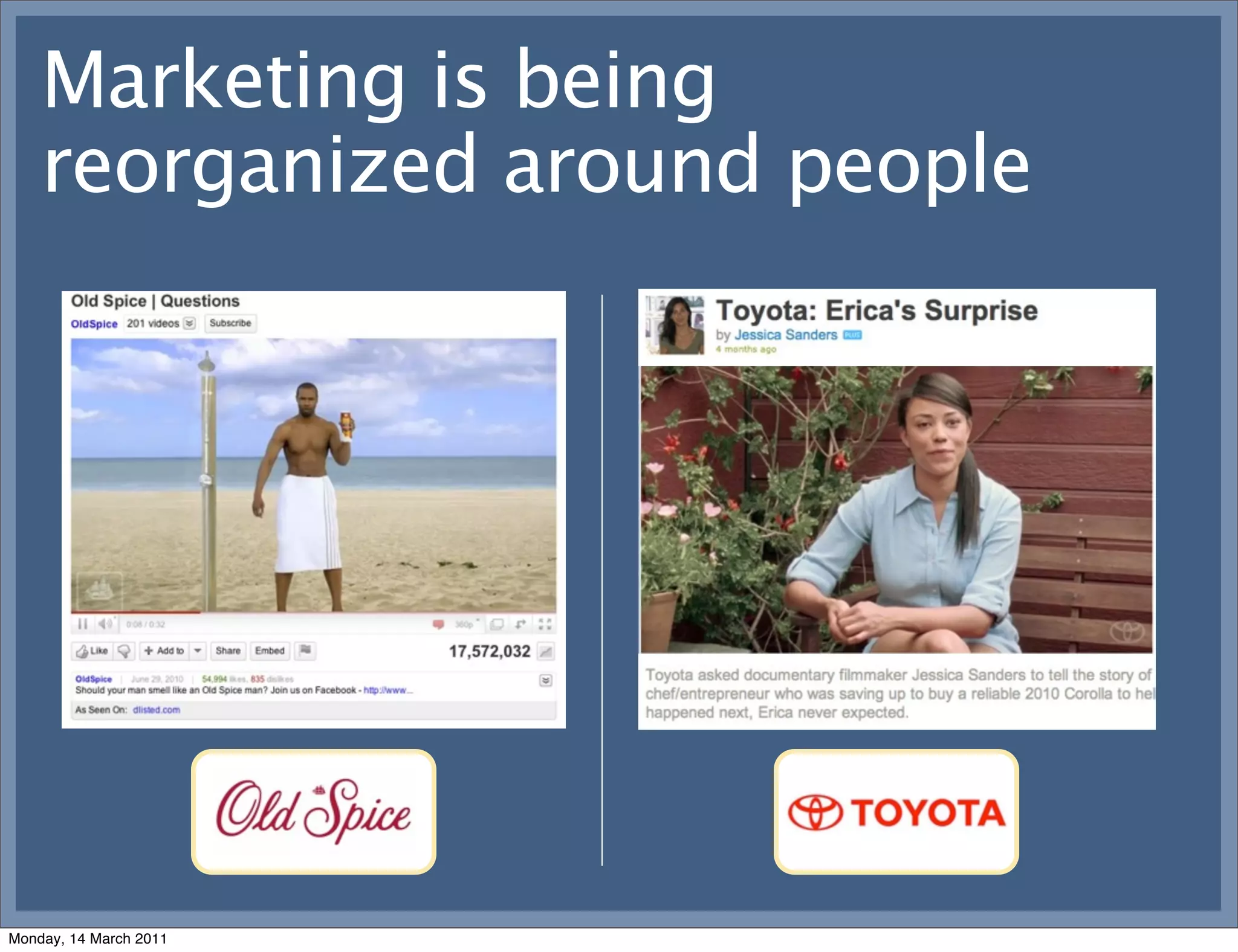 Marketing is being
    reorganized around people




Monday, 14 March 2011
 