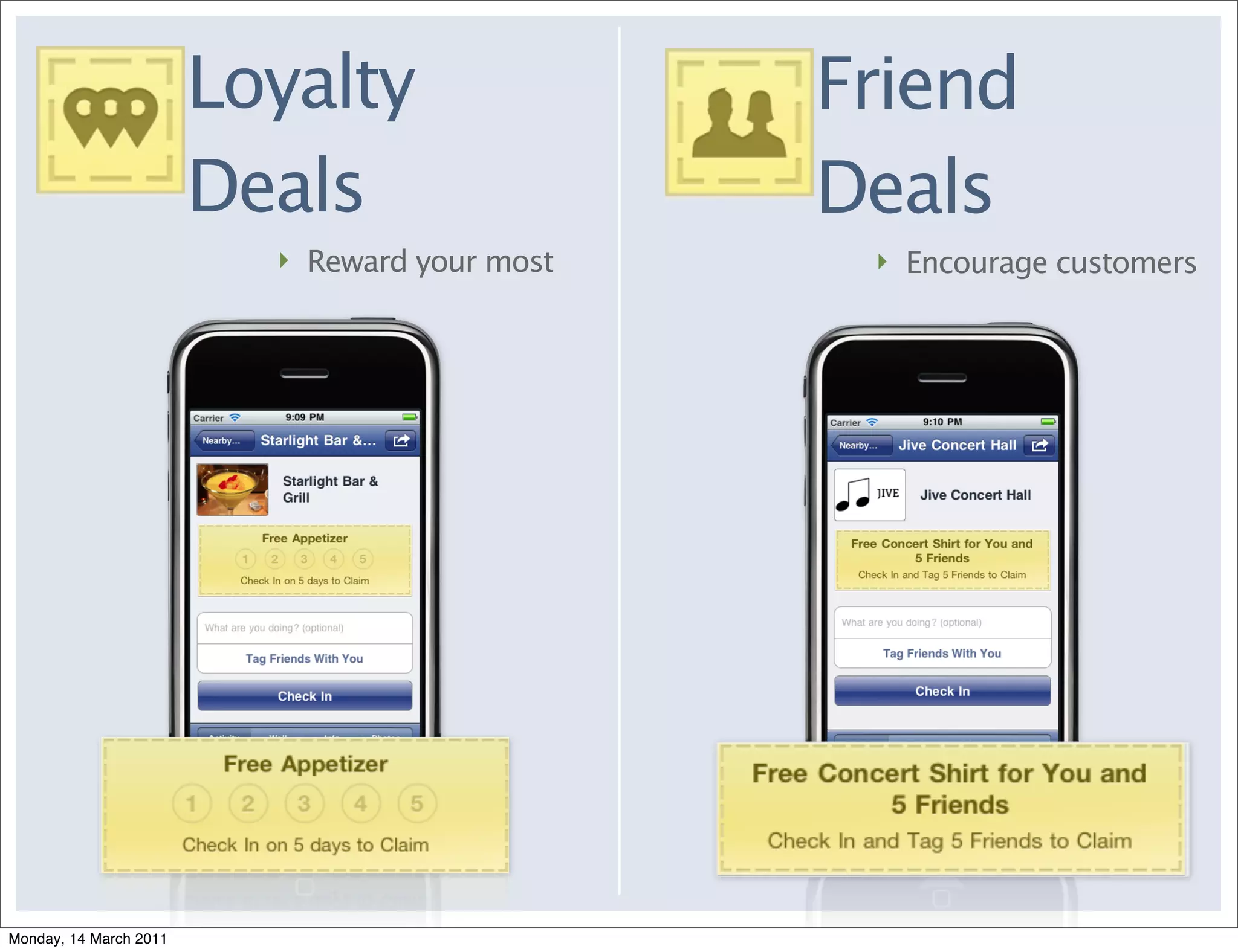 Loyalty                Friend
                        Deals                  Deals
                          ‣ Reward your most    ‣ Encourage customers




Monday, 14 March 2011
 