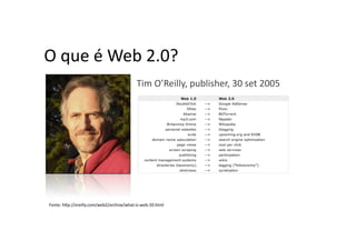 O	
  que	
  é	
  Web	
  2.0?	
  
                                               •  Tim	
  O’Reilly,	
  publisher,	
  30	
  set	
  2005	
  




 Fonte:	
  hWp://oreilly.com/web2/archive/what-­‐is-­‐web-­‐20.html	
  
 