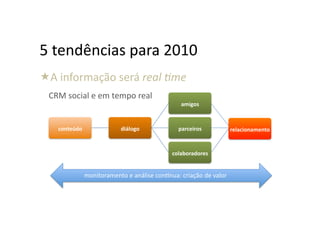 5	
  tendências	
  para	
  2010	
  
  	
  informação	
  será	
  real	
  +me	
  
 A
  CRM	
  social	
  e	
  em	
  tempo	
  real	
  
                                                                                                       amigos	
  



      conteúdo	
                                       diálogo	
                                     parceiros	
                                relacionamento	
  


                                                                                                colaboradores	
  


      	
  	
  	
  	
  	
  	
  	
  	
  	
  	
  	
  	
  	
  	
  	
  	
  monitoramento	
  e	
  análise	
  con€nua:	
  criação	
  de	
  valor	
  
 
