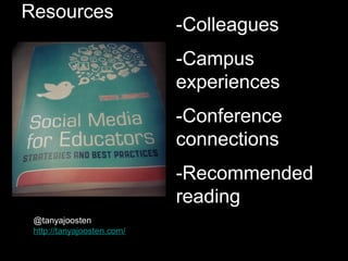 @tanyajoosten
http://tanyajoosten.com/
Resources
-Colleagues
-Campus
experiences
-Conference
connections
-Recommended
reading
 