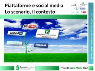 Pia$aforme	
  e	
  social	
  media	
  
Lo	
  scenario,	
  il	
  contesto	
  
1	
  Proge&o	
  Social	
  Media	
  2012	
  
Laura	
  Colombo	
  –	
  Esperta	
  di	
  Formazione	
  e	
  social	
  ETAss	
  
1	
  
 