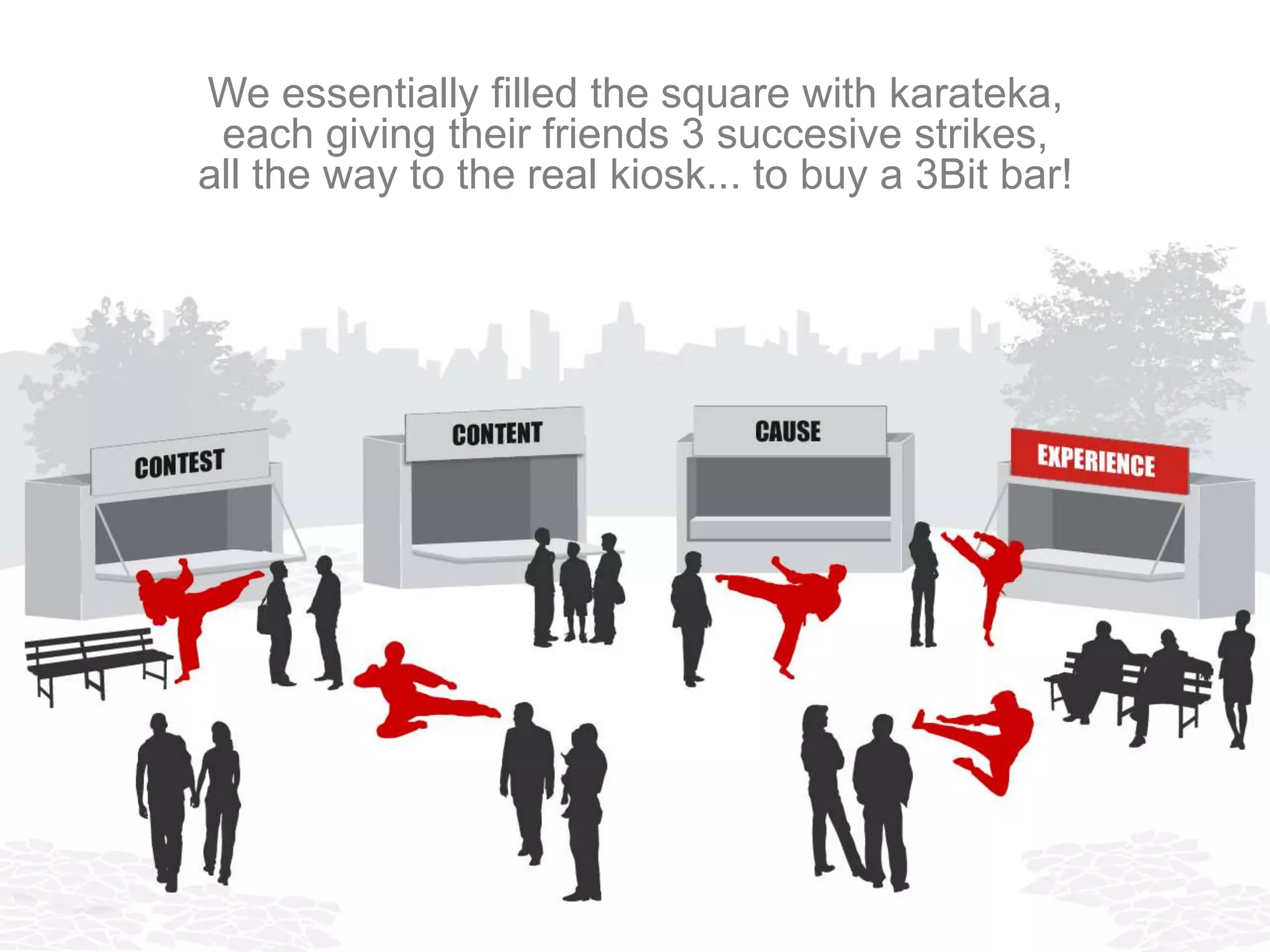 We essentially filled the square with karateka,
 each giving their friends 3 succesive strikes,
all the way to the real kiosk... to buy a 3Bit bar!
 