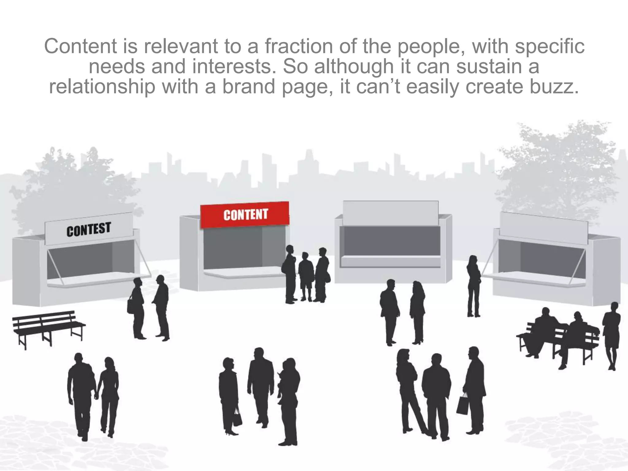 Content is relevant to a fraction of the people, with specific
     needs and interests. So although it can sustain a
relationship with a brand page, it can’t easily create buzz.
 