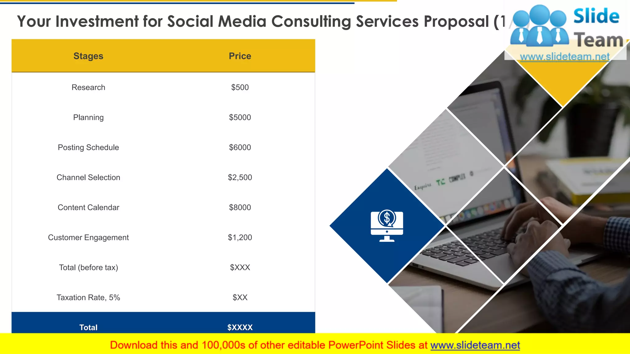 Your Investment for Social Media Consulting Services Proposal (1/2)
11
Stages Price
Research $500
Planning $5000
Posting Schedule $6000
Channel Selection $2,500
Content Calendar $8000
Customer Engagement $1,200
Total (before tax) $XXX
Taxation Rate, 5% $XX
Total $XXXX
This slide is 100% editable. Adapt it to your needs and capture your audience's attention.
 
