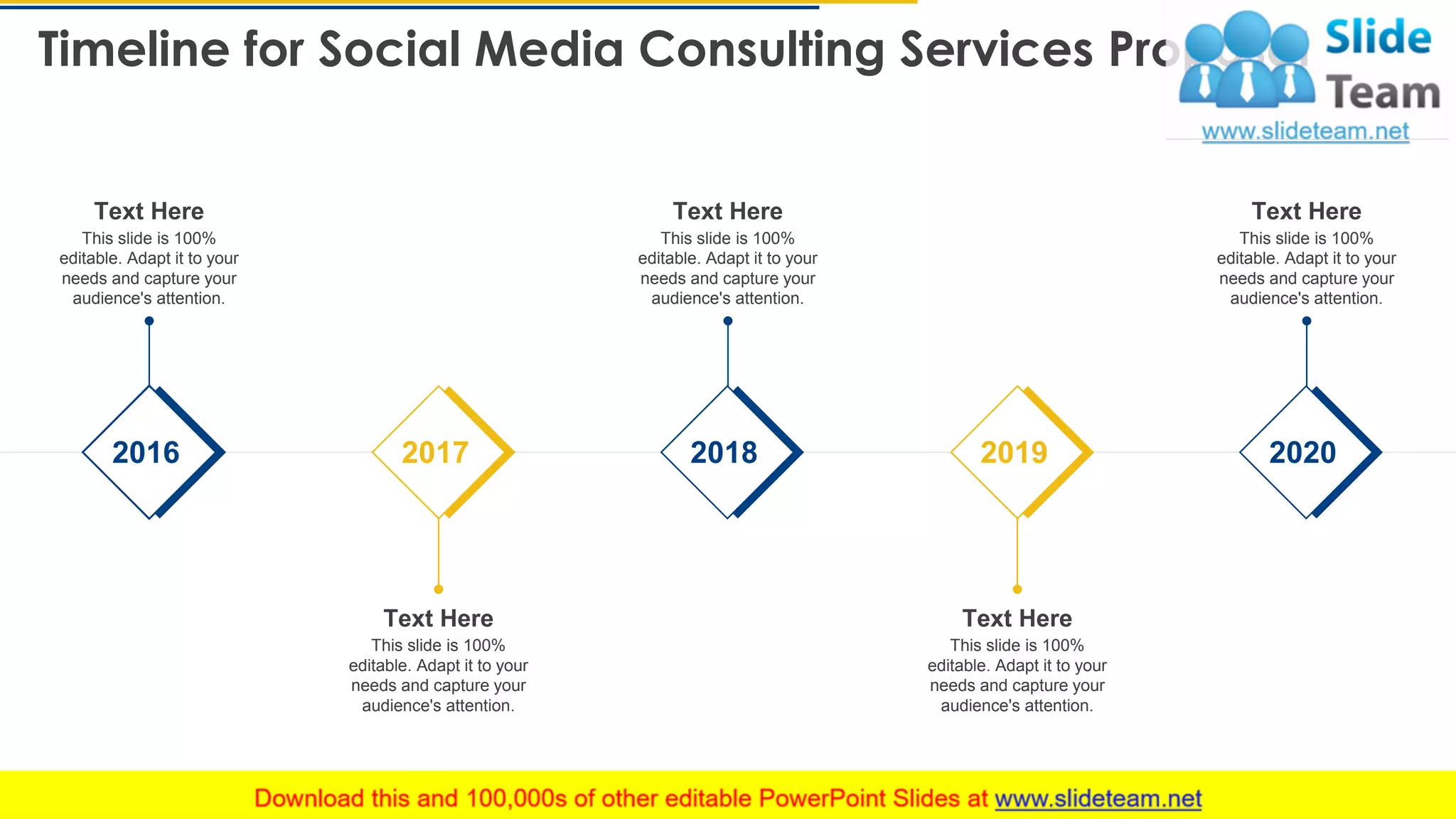 Timeline for Social Media Consulting Services Proposal
33
This slide is 100%
editable. Adapt it to your
needs and capture your
audience's attention.
Text Here
This slide is 100%
editable. Adapt it to your
needs and capture your
audience's attention.
Text Here
This slide is 100%
editable. Adapt it to your
needs and capture your
audience's attention.
Text Here
This slide is 100%
editable. Adapt it to your
needs and capture your
audience's attention.
Text Here
This slide is 100%
editable. Adapt it to your
needs and capture your
audience's attention.
Text Here
20162016 2017 2018 2019 2020
 