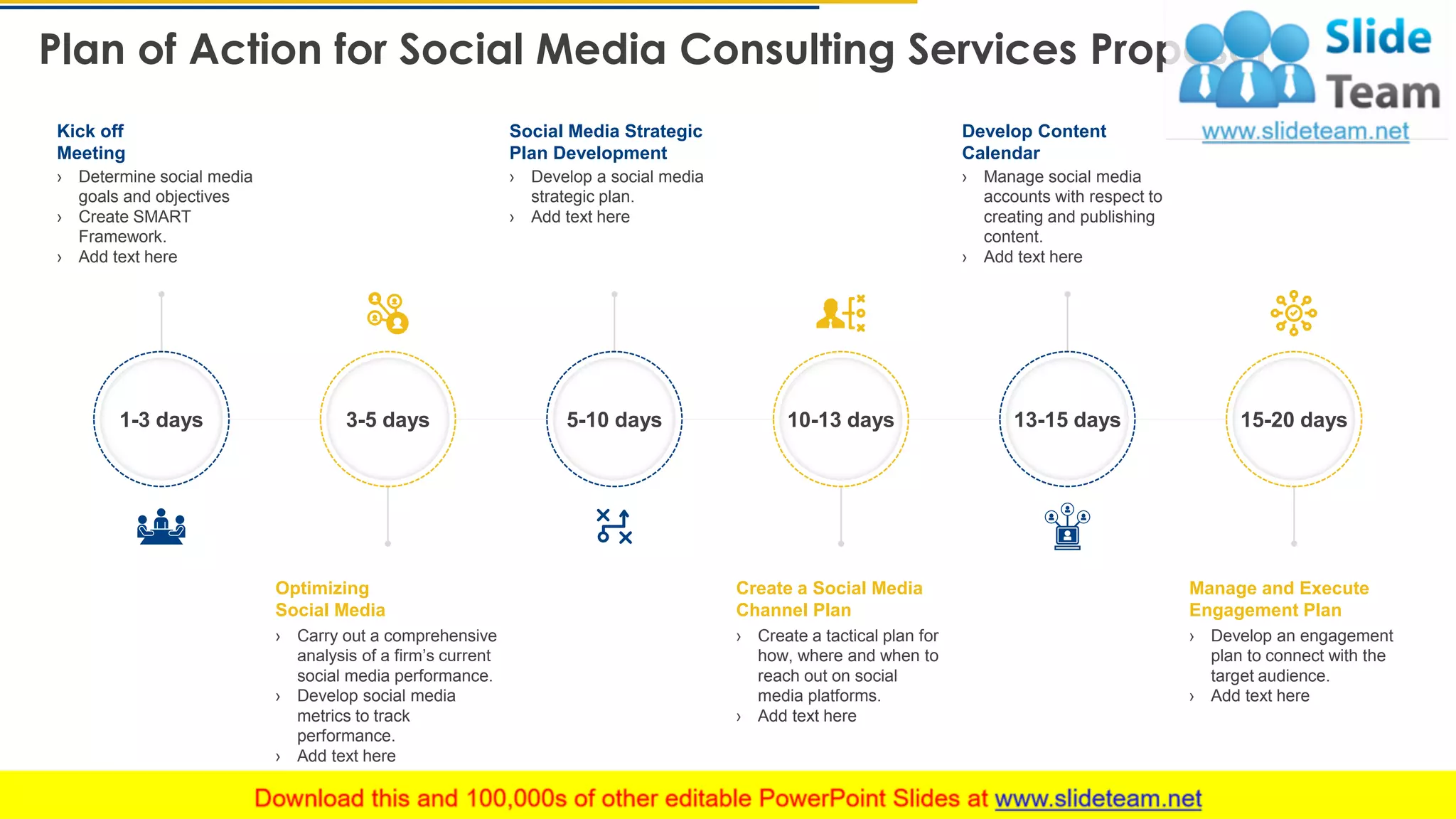 Plan of Action for Social Media Consulting Services Proposal
7
› Determine social media
goals and objectives
› Create SMART
Framework.
› Add text here
Kick off
Meeting
Social Media Strategic
Plan Development
› Develop a social media
strategic plan.
› Add text here
Develop Content
Calendar
› Manage social media
accounts with respect to
creating and publishing
content.
› Add text here
Optimizing
Social Media
› Carry out a comprehensive
analysis of a firm’s current
social media performance.
› Develop social media
metrics to track
performance.
› Add text here
Create a Social Media
Channel Plan
› Create a tactical plan for
how, where and when to
reach out on social
media platforms.
› Add text here
Manage and Execute
Engagement Plan
› Develop an engagement
plan to connect with the
target audience.
› Add text here
1-3 days 3-5 days 5-10 days 10-13 days 13-15 days 15-20 days
This slide is 100% editable. Adapt it to your needs and capture your audience's attention.
 