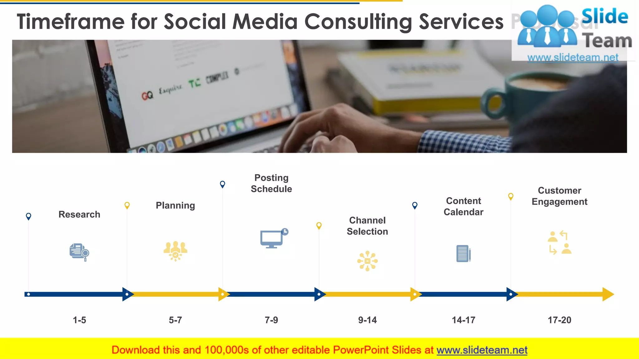 Timeframe for Social Media Consulting Services Proposal
9This slide is 100% editable. Adapt it to your needs and capture your audience's attention.
Research
Planning
Posting
Schedule
Channel
Selection
Content
Calendar
Customer
Engagement
1-5 5-7 7-9 9-14 17-2014-17
 