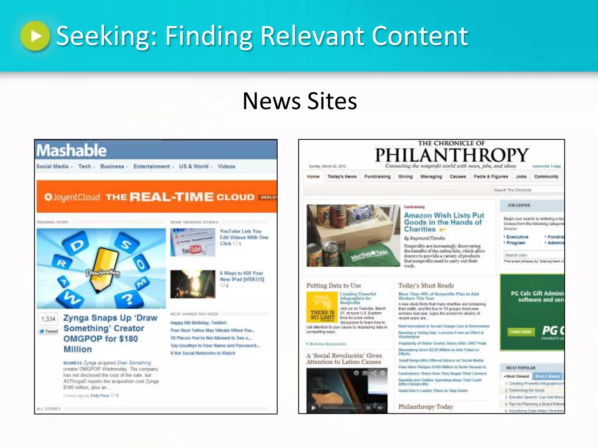 Seeking: Finding Relevant Content

              News Sites
 