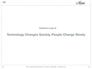 60




                                       Carton’s Law 2:

     Technology Changes Quickly, People Change Slowly




                 225 e. redwood street baltimore, md 21202 410.837.5555 www.idﬁve.com
 