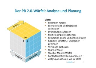 Ziele:
   Synergien nutzen
   Leerläufe und Widersprüche
   vermeiden
   Dramaturgie aufbauen
   Multi Touchpoints schaffen
   Reputation online und offline pflegen
   Goodwill schaffen, Fürsprecher
   gewinnen
   Vertrauen aufbauen
   Share of Voice
   Word of Mouth (WOM)
   Kontextorientiert kommunizieren
   Zielgruppe abholen, wo sie steht
                                    27
 