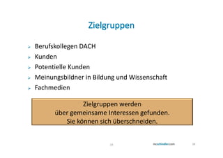 Berufskollegen DACH
Kunden
Potentielle Kunden
Meinungsbildner in Bildung und Wissenschaft
Fachmedien

               Zielgruppen werden
      über gemeinsame Interessen gefunden.
         Sie können sich überschneiden.


                        34                    34
 