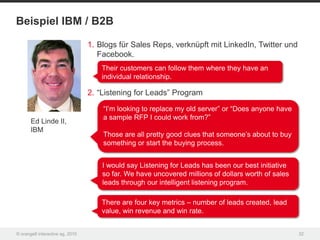 Beispiel IBM / B2B

                                 1. Blogs für Sales Reps, verknüpft mit LinkedIn, Twitter und
                                    Facebook.
                                     Their customers can follow them where they have an
                                     individual relationship.

                                 2. “Listening for Leads” Program
                                     “I‟m looking to replace my old server” or “Does anyone have
                                     a sample RFP I could work from?”
       Ed Linde II,
       IBM
                                     Those are all pretty good clues that someone‟s about to buy
                                     something or start the buying process.


                                     I would say Listening for Leads has been our best initiative
                                     so far. We have uncovered millions of dollars worth of sales
                                     leads through our intelligent listening program.

                                     There are four key metrics – number of leads created, lead
                                     value, win revenue and win rate.


© orange8 interactive ag, 2010                                                                      32
 
