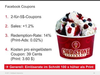 Facebook Coupons

1. 2-für-5$-Coupons

2. Sales: +1.2%

3. Redemption-Rate: 14%
   (Print-Ads: 0.02%)

4. Kosten pro eingelöstem
   Coupon: 39 Cents
   (Print: 3.60 $)

 Generell: Einlöserate im Schnitt 100 x höher als Print
© 2011, Goldbach Interactive                               34
 