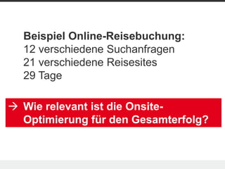 Beispiel Online-Reisebuchung:
  12 verschiedene Suchanfragen
  21 verschiedene Reisesites
  29 Tage

 Wie relevant ist die Onsite-
  Optimierung für den Gesamterfolg?
 