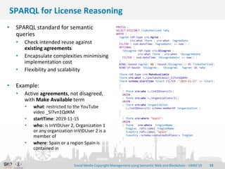 15
• SPARQL standard for semantic
queries
• Check intended reuse against
existing agreements
• Encapsulate complexities mi...