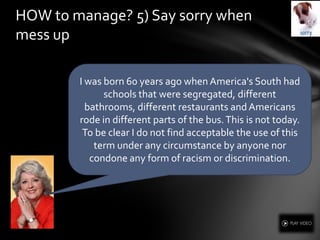HOW to manage? 5) Say sorry when
mess up
I was born 60 years ago when America's South had
schools that were segregated, different
bathrooms, different restaurants and Americans
rode in different parts of the bus.This is not today.
To be clear I do not find acceptable the use of this
term under any circumstance by anyone nor
condone any form of racism or discrimination.
 