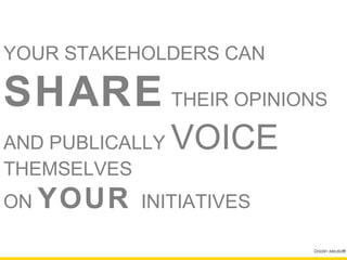 YOUR STAKEHOLDERS CAN

SHARE THEIR OPINIONS
AND PUBLICALLY   VOICE
THEMSELVES
ON YOUR INITIATIVES

                         Drizzlin Media®
 