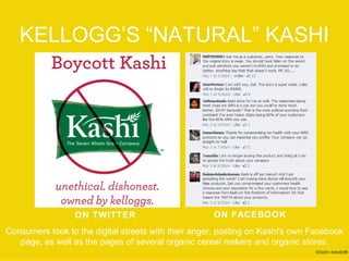 KELLOGG’S “NATURAL” KASHI




                  ON TWITTER                          ON FACEBOOK
Consumers took to the digital streets with their anger, posting on Kashi's own Facebook
   page, as well as the pages of several organic cereal makers and organic stores.
                                                                                Drizzlin Media®
 