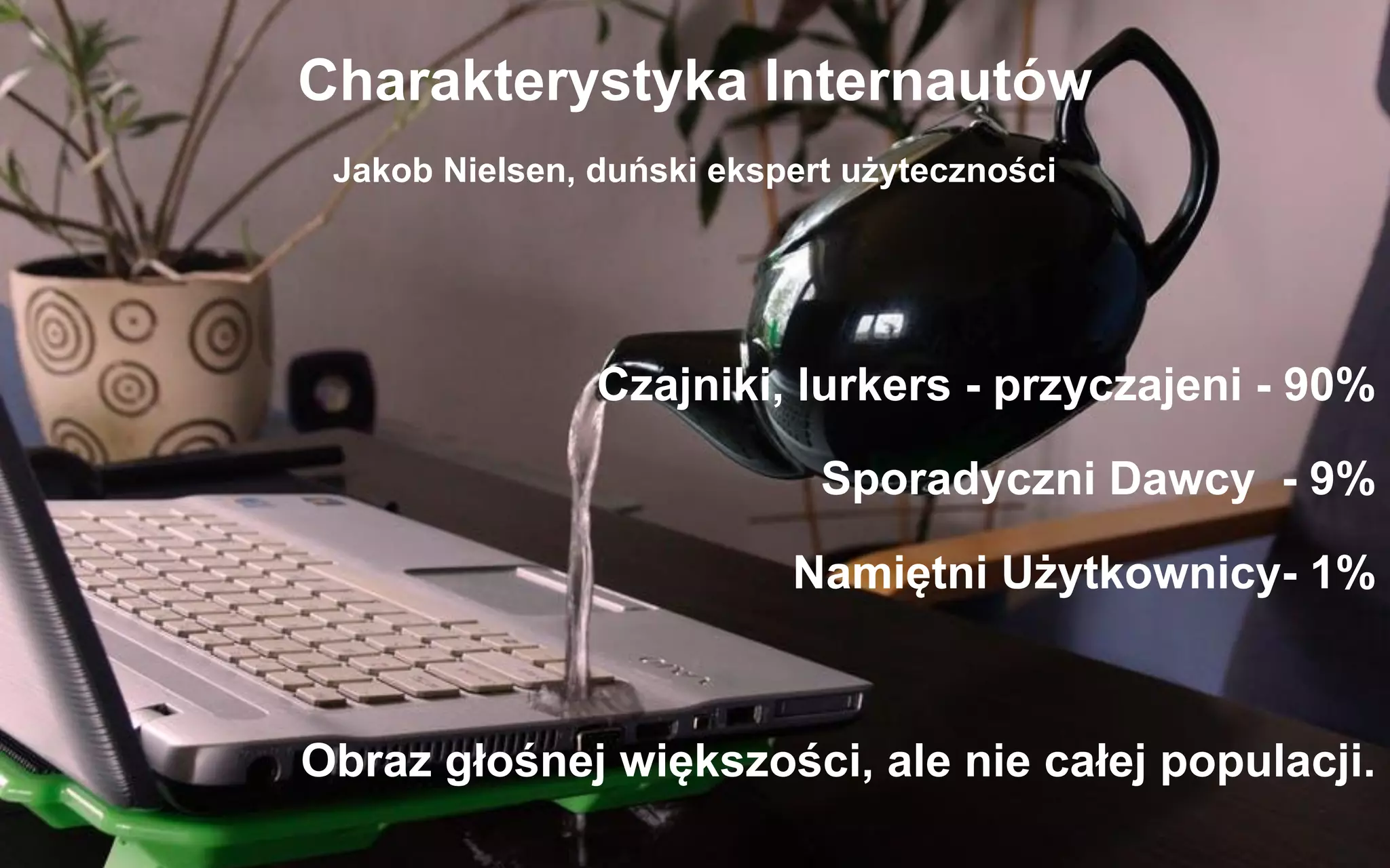 Charakterystyka Internautów
Jakob Nielsen, duński ekspert użyteczności
Czajniki, lurkers - przyczajeni - 90%
Sporadyczni Dawcy - 9%
Namiętni Użytkownicy- 1%
Obraz głośnej większości, ale nie całej populacji.
 