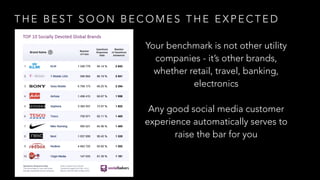 T H E B E S T S O O N B E C O M E S T H E E X P E C T E D
Your benchmark is not other utility
companies - it’s other brands,
whether retail, travel, banking,
electronics
!
Any good social media customer
experience automatically serves to
raise the bar for you
 