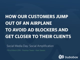 HOW OUR CUSTOMERS JUMP 
OUT OF AN AIRPLANE  
TO AVOID AD BLOCKERS AND 
GET CLOSER TO THEIR CLIENTS
Social Media Day: Social Amplification
17th of March 2016 - Proximus Towers - Koen Stevens
 
