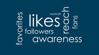 reach
awareness
eyeballs
followers
fans
favorites
likes