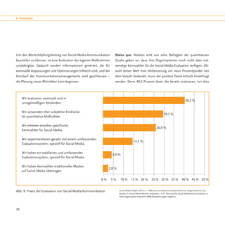 6. Evaluation




Um den Wertschöpfungsbeitrag von Social-Media-Kommunikation         Status quo. Nahezu acht von zehn Befragten der quantitativen
beurteilen zu können, ist eine Evaluation der eigenen Maßnahmen     Studie geben an, dass ihre Organisationen noch nicht über not-
unabdingbar. Dadurch werden Informationen generiert, die für        wendige Kennzahlen für die Social-Media-Evaluation verfügen. Ob-
eventuelle Anpassungen und Optimierungen hilfreich sind, und der    wohl dieser Wert eine Verbesserung um neun Prozentpunkte seit
Kreislauf des Kommunikationsmanagements wird geschlossen –          dem Vorjahr bedeutet, muss der positive Trend kritisch hinterfragt
die Planung neuer Aktivitäten kann beginnen.                        werden. Denn 40,2 Prozent derer, die bereits evaluieren, tun dies



     Wir evaluieren vereinzelt und in
                                                                                                                                             40,2 %
     unregelmäßigen Abständen.

     Wir verwenden eher subjektive Eindrücke
                                                                                                                      29,2 %
     als quantitative Maßzahlen.

     Wir erheben einzelne spezifische
                                                                                                              26,0 %
     Kennzahlen für Social Media.

     Wir experimentieren gerade mit einem umfassenden
                                                                                      14,5 %
     Evaluationssystem, speziell für Social Media.

     Wir haben ein etabliertes und umfassendes
                                                                   4,0 %
     Evaluationssystem, speziell für Social Media.

     Wir haben Kennzahlen traditioneller Medien
                                                               2,0 %
     auf Social Media übertragen.

                                                          0%       5%    10 %       15 % 20 %            25 % 30 % 35 %                  40 % 45 % 50 %


Abb. 9: Praxis der Evaluation von Social-Media-Kommunikation            Social Media Delphi 2012 / n = 650 Kommunikationsverantwortliche aus Organisationen, die
                                                                        bereits im Social-Media-Bereich evaluieren / F 25: Wie wird die Social-Media-Kommunikation in
                                                                        Ihrer Organisation evaluiert? (Mehrfachnennungen möglich)




34
 