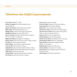 Teilnehmer




Teilnehmer des Delphi-Expertenpanels

Arns, Tobias, BITKOM e.V., Berlin                              Knaus, Uwe, Daimler AG, Stuttgart
Atchison, Annabelle, Microsoft Deutschland GmbH,               Kuntze, Dr. Roland, Telefónica o2 Germany, München
Unterschleißheim                                               Lampe, Benjamin, Nokia GmbH, Ratingen
Bachem, Dr. Christian, Web Excellence Forum, Berlin            Pirlich, Julia, Porsche Leipzig GmbH, Leipzig
Balázs, Stefan, RWE Aktiengesellschaft, Essen                  Pleil, Prof. Dr. Thomas, Hochschule Darmstadt, Dieburg
Balioglu, Zeynep, Infineon Technologies AG, München            Kolo, Prof. Dr. Dr. Castulus, Macromedia Hochschule für
Bartelheimer, Hermin, Coca Cola GmbH, Berlin                   Medien und Kommunikation, München
Beck, Dr. Christina, Max-Planck-Gesellschaft zur Förderung     Santjer, Dr. Ulf, Puma AG, Herzogenaurach
der Wissenschaften e.V., München                               Schmidt, Charles, Krones AG, Neutraubling
Böttger, Nina Valesca, Volkswagen AG, Wolfsburg                Schmidt, Dr. Jan-Hinrik, Hans-Bredow-Institut, Hamburg
Dittrich, Fabian, DWS Finanz-Service GmbH, Frankfurt am Main   Schmidt-Kühnle, Patrick, BASF SE, Ludwisghafen
Eck, Klaus, Eck Kommunikation, München                         Schnoor, Mike, Bundesverband Digitale Wirtschaft
Fischer, Bettina, Henkel AG & Co. KgaA, Düsseldorf             (BVDW) e.V., Düsseldorf
Gress, Dr. Felix, Continental AG, Hannover                     Skogstad, Silje, Deutsche Post DHL, Bonn
Hattendorf, Kai, Messe Frankfurt GmbH, Frankfurt am Main       Sommer, Claudia, Greenpeace e.V., Hamburg
Heltzsche, Maren, AUSSCHNITT Medienbeobachtung, Berlin         Stronk, Florian, Konami Digital Entertainment GmbH,
Hießl, Florian, Siemens AG, München                            Frankfurt am Main
Keuchel, Stefan, Google Deutschland GmbH, Hamburg              Woehl, Markus, Voith GmbH, Heidenheim
Kiss, Patrick, Deutsche Euroshop AG, Hamburg




                                                                                                                         55
 
