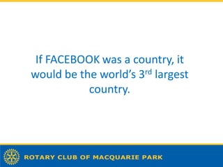 If FACEBOOK was a country, it
would be the world’s 3rd largest
           country.
 